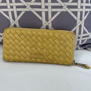 Cole Haan Continental Wallet Zip-Around Leather Weave Woven Travel Zip Yellow